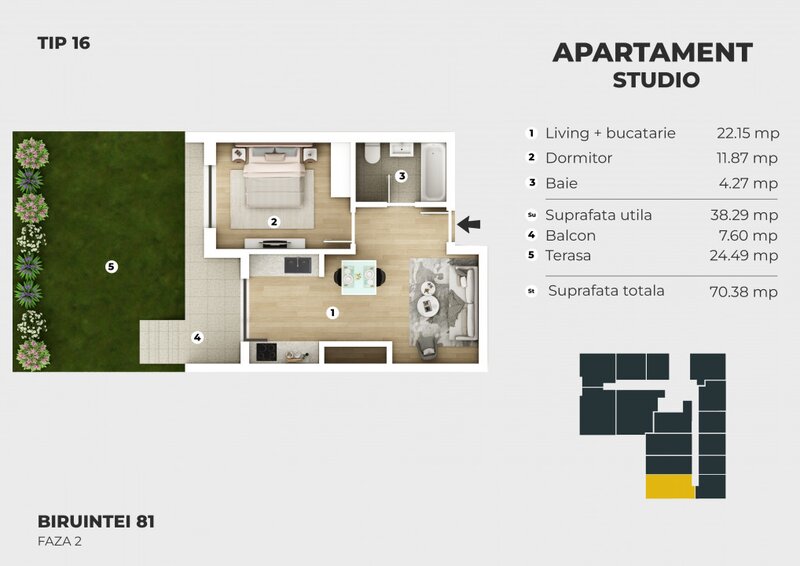 Metrou Berceni, apartament tip studio, curte proprie 24 mp,